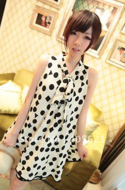 2012 new summer women's fashion retro big polka dot dress, Pompon flu department tie collar dress  Free Shipping