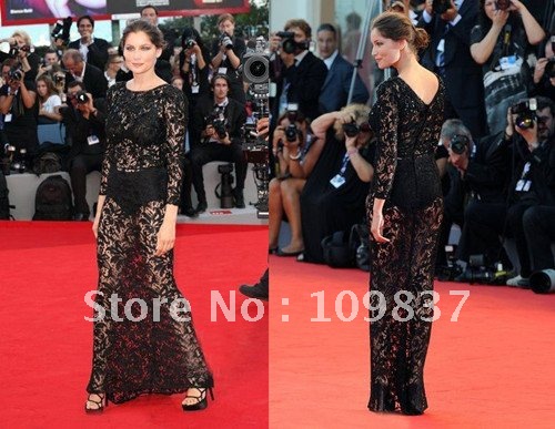 2012 New The 69 Venice Film Festive Awards Sexy Sheath Ankle Length Jewel Hollow Out Lace Black Celebrity Dress