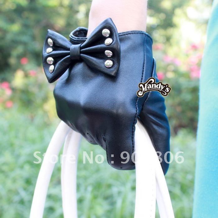 2012 new type hot sales lady  rivet bow sheepskin genuine leather gloves short mitten -G014