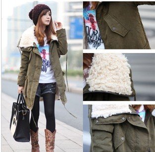 2012 new winter coat women thicker plush bold fur collar long section sherpa military cotton jacket coat coat Free Shipping