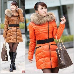 2012 NEW winter thickening animal fur collar warm medium-long women down coat wiht hood