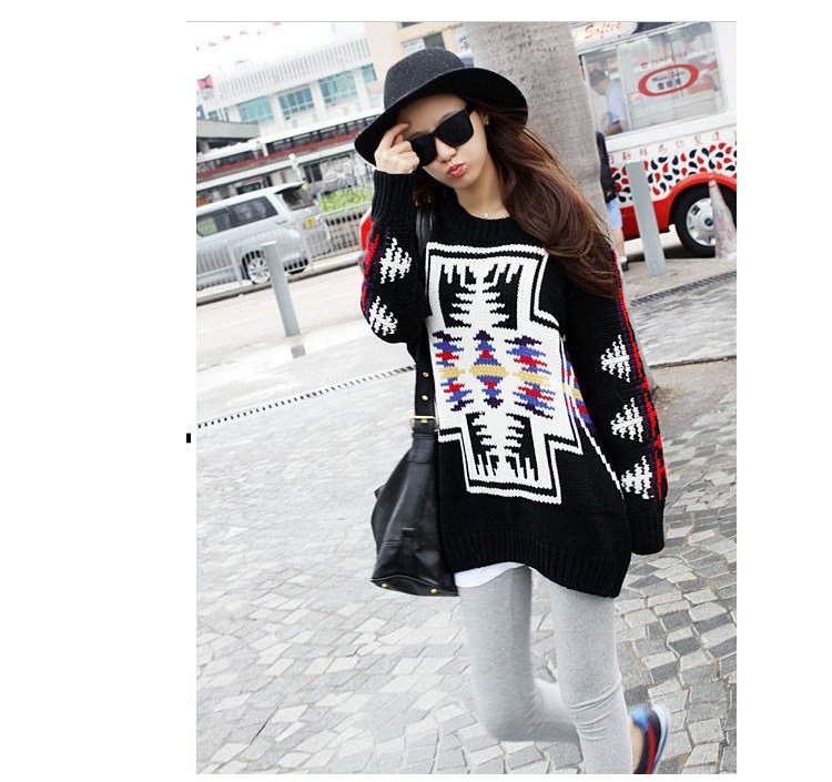 2012 New Winter Women Cross Pattern Brand Sweater Crew Neck Pullover Streetwear Stylished Outwear Black