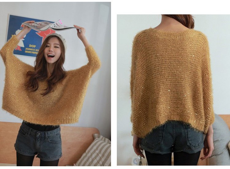 2012 New Winter Women Fashion Fake Rabbit Fur Sweater Sequin Pullover Basic Warm Batwing European Style Gold Loose Fit Outwear