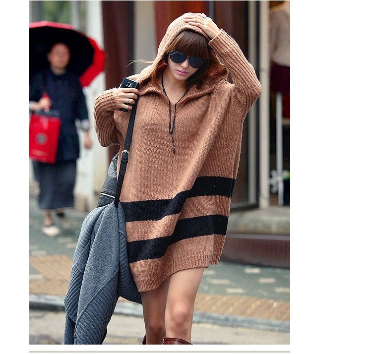 2012 New Winter Women Stripe Sweater Hoodie Long Sleeve Warm Pullover Plus Large Fashion Dress Sweater