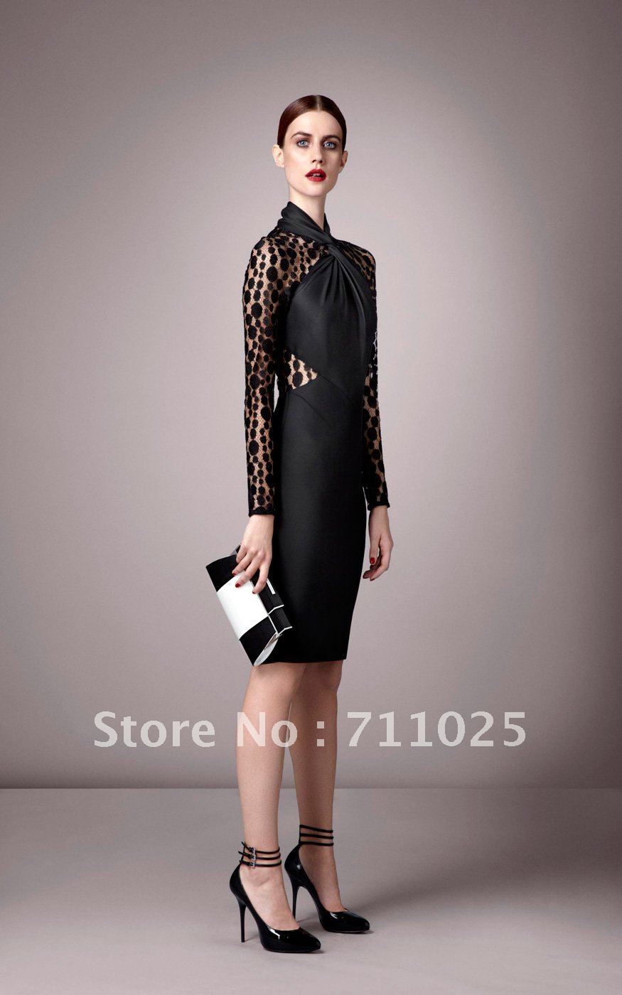 2012 New Women Dress A chic, long sleeved, peek-a-boo lace polka dot dress DM191
