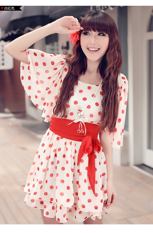 2012 new women dress summer sweet, cute Polka Dot Personalized fan sleeve chiffon skirt
