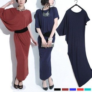 2012 New Women European Style Fashion Modal Cotton Batwing Sleeve Floor-length Maxi Long Dress With Belt Free Shipping