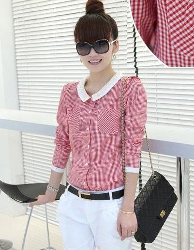 2012 new,women excellent turn down collar long sleeve  plaid blouse,top shirts,ladies casual blouses,black,red,X2569