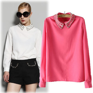 2012 New Women Long Sleeve Beading Peterpan Collar Chiffon Tops Fashion Blouse YC-Z301