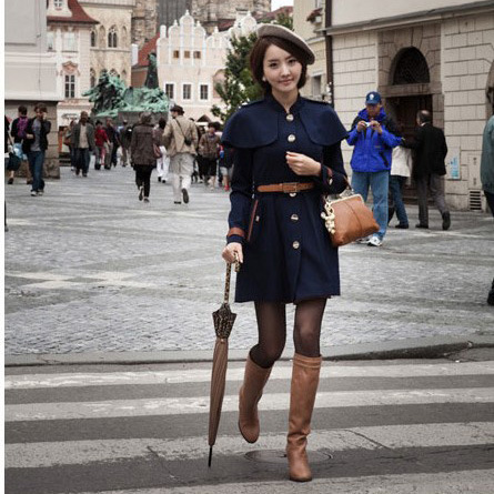 2012 new women's British style slim leather decoration woolen cloak overcoat with belt