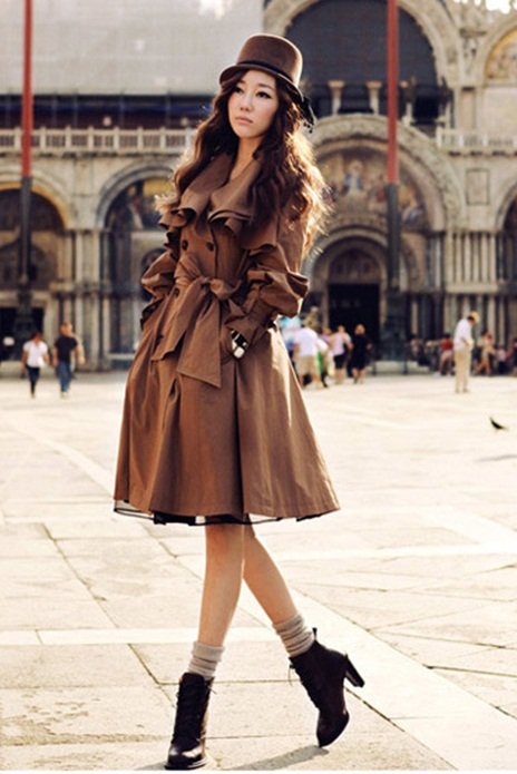 2012 New Women's Designer Long Sleeve Turn Down Collar Coffee Trench Coat Double Breast Wind Breaker Belt Free Shipping yn030