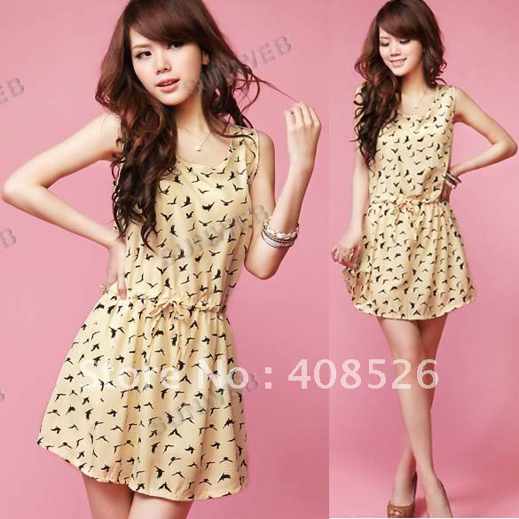 2012 New Women's Dress Bird Animal Pattern Crew Neck Casual Chiffon Dresses Sundress sleeveless free shipping 4557