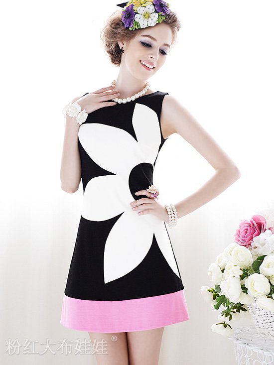 2012 New Women's elegant sprint dress/Black white pink flowers sleeveless tank dress/cultivate one's morality Free shipping 0801