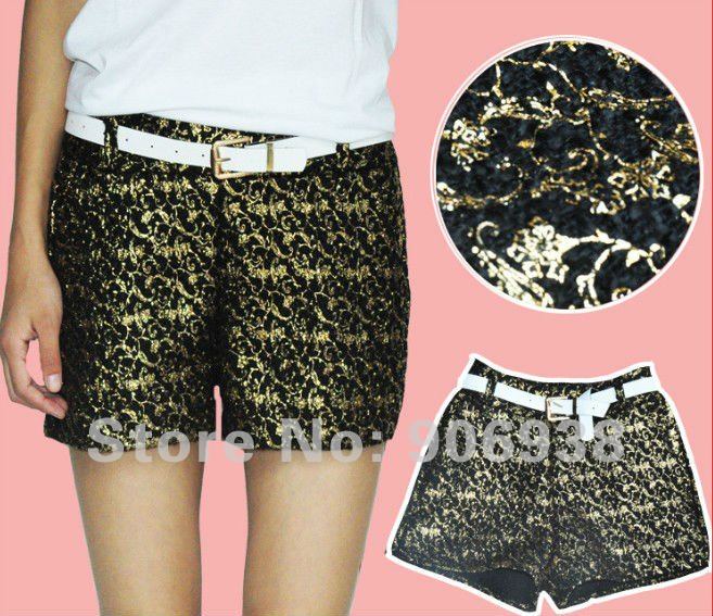 2012 New Women's European style golden retro pattern double pocket warm winter boots pants shorts,With Black Belt Free Shipping