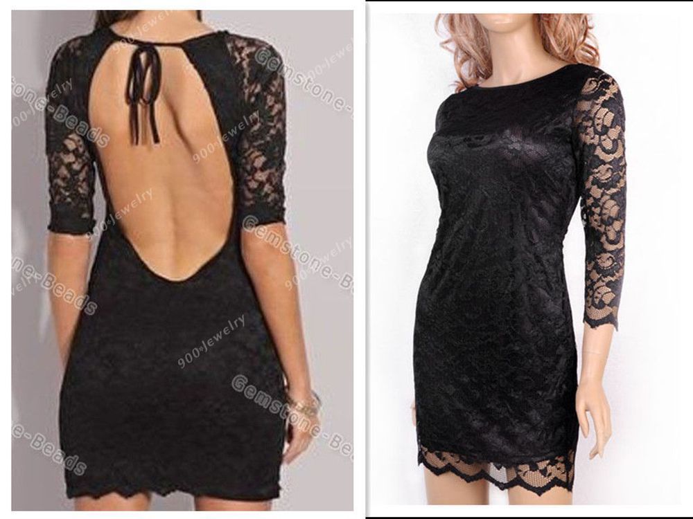 2012 New Women's Fashion Slim Flower backless 3/4 Sleeve Lace Dress Black Size S/M/L/XL/XXL Free shipping