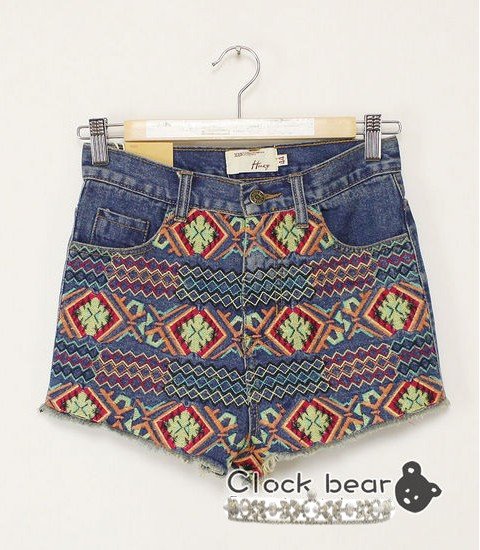 2012 New Women's Retro  Embroidered Tribal Jean Shorts Available in 3  Sizes Free Delivery