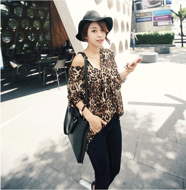 2012 New Women's V-neck Casual Leopard Chiffon Blouse, freeshipping