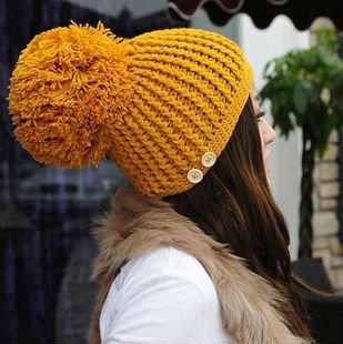 2012 New Women Super Large Wool Ball Button Hat Knitting Wool Caps Beanie, Free Shipping