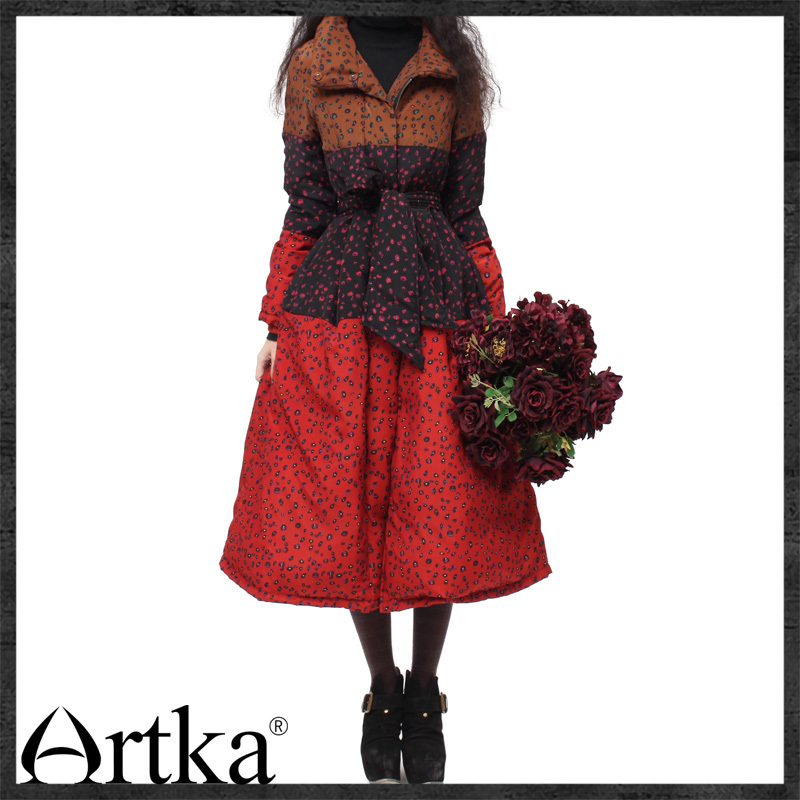 2012 New Women winter  duck down jacket  coat  print patchwork stand collar long design down coat c-89