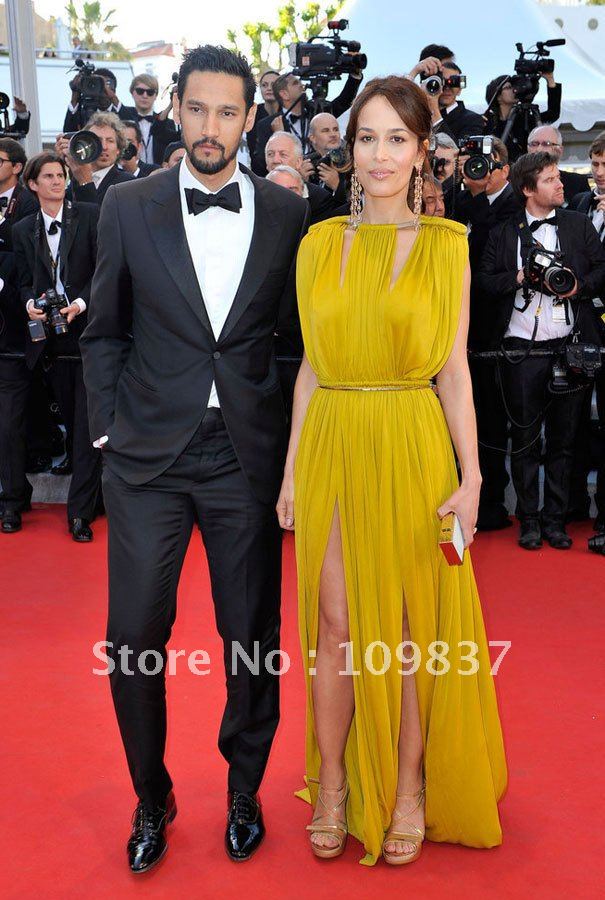 2012 Newest ! Fresh Fahion Chiffon Pleats Sheath Floor Length Bateau Yellow Cannes Film Festival Dress