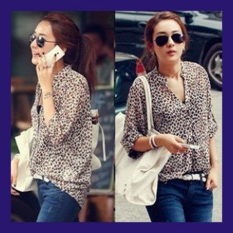 2012 Newest Korea style leopard print V Neck turn-up cuff thin long sleeve shirt free shopping