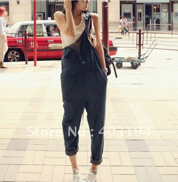 2012 Newest Ladies Women Street all-match plus size loose denim suspenders trousers harem bib pants overalls jumpsuit