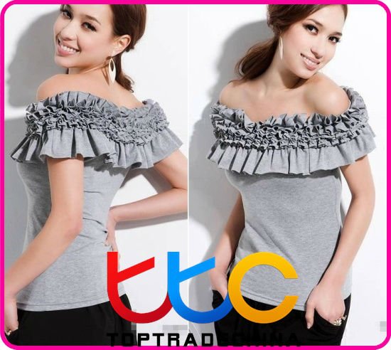 2012 newest lady sexy cotton off-shoulder shirt women blouses tops for women free shopping M8907-3 grey (4 colors)