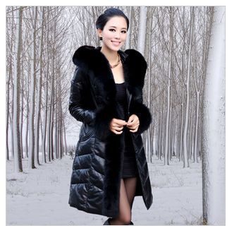 2012 newest noble ladies' Fashion 100% genuine leather winter long down coat with fox fur collar,ladies down garment \outerwear