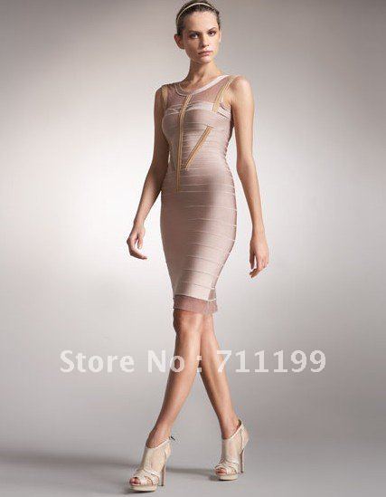 2012 newest styleMax Ariza ,Beige O-Neck Fashion bandage dress,HL bandage dress,nightwear ladies,evening dress ,Free shipping