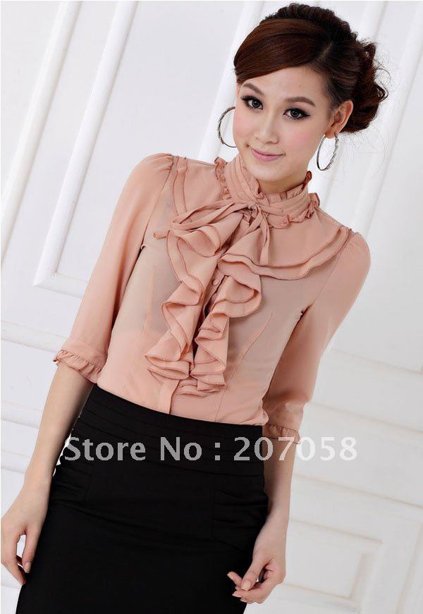 2012 newly Free shipping ladies' chiffon OL shirt /  ruffles on neckline 3 colors S M L XL 2XL 3XL