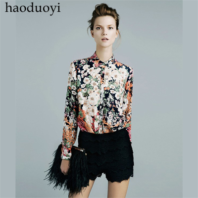 2012 newvfashion vintage silky flowers women's long-sleeve shirt Size XS - XL