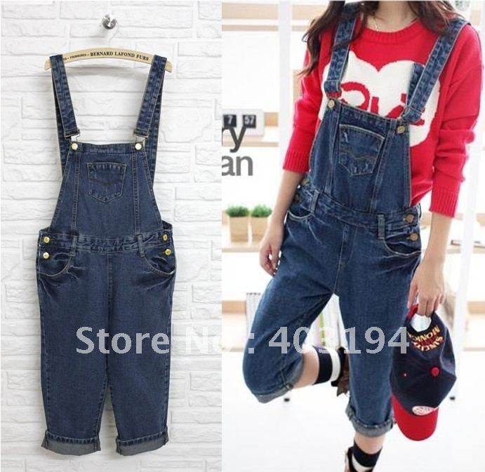 2012  NWT Denim bib pants capris knee-length pants loose casual mm plus size suspenders - short jumpsuits overalls