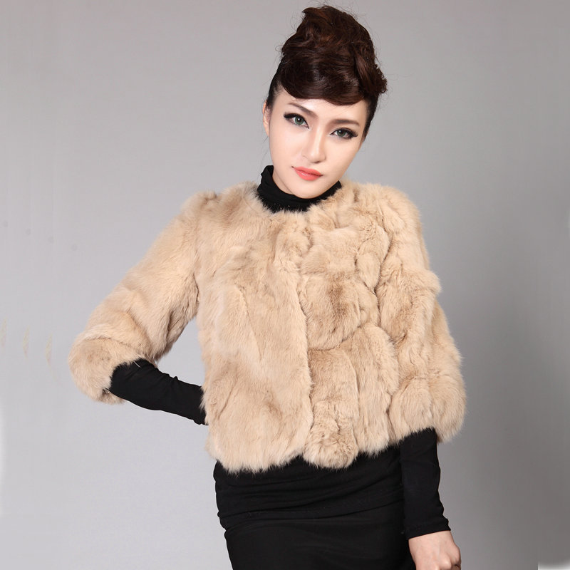 2012 o-neck three quarter sleeve high quality rabbit fur formal fur coat female