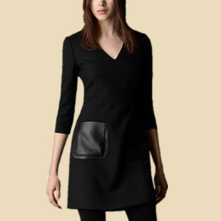 2012 ol leather pocket autumn and winter one-piece dress fashion black V-neck elastic slim elegant skirt