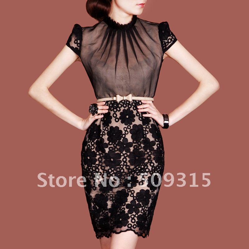 2012 OL outfit elegant rawsilk stand collar short-sleeve dress f48 plus size available,free shipping