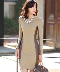 2012 ol women's slim long-sleeve woolen leather patchwork one-piece dress basic skirt