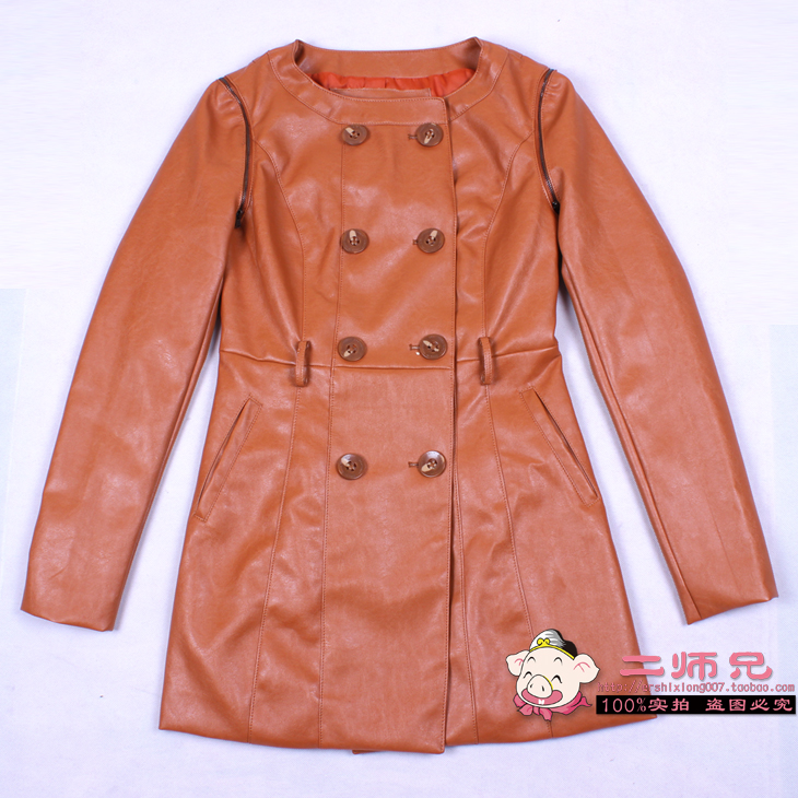 2012 on women's water washed leather o-neck double breasted medium-long two ways ly leather clothing outerwear