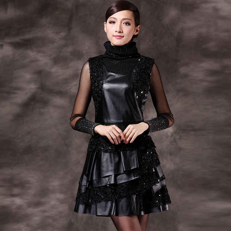 2012 one-piece dress autumn dress street fashion suede leather tank dress q