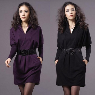 2012 one-piece dress autumn fashion V-neck ol slim elegant long-sleeve dress plus size,purple and black color,S-XL,free shipping
