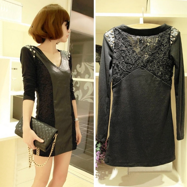 2012 one-piece dress fashion lace PU sexy slim leather basic shirt slim hip short skirt