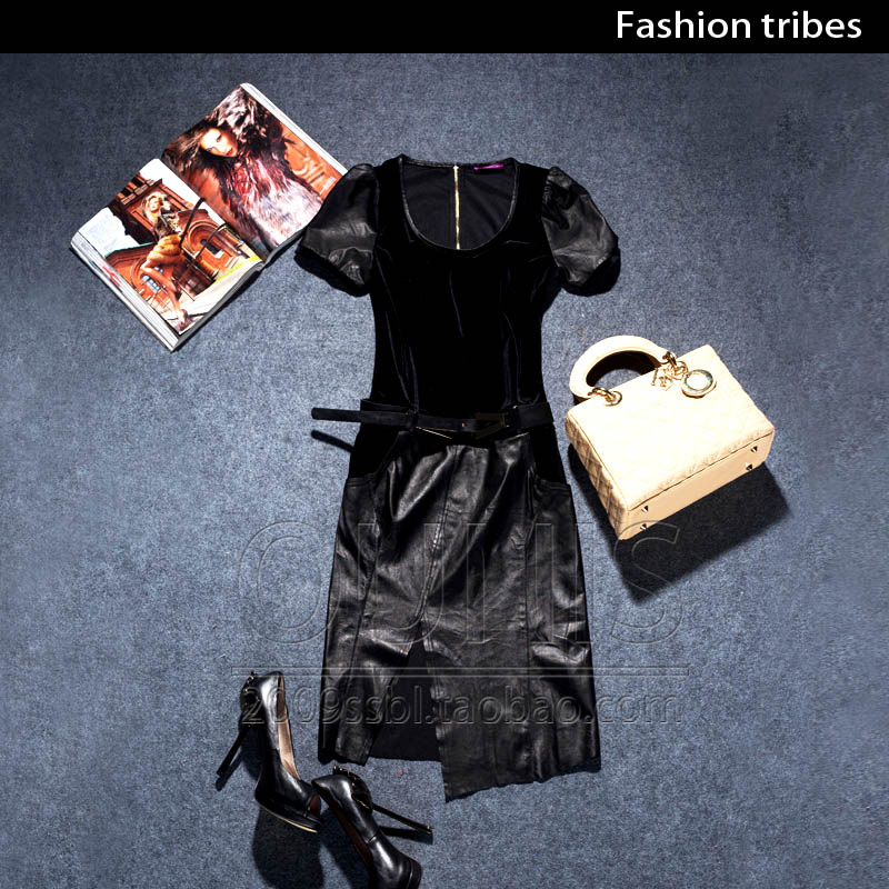 2012 one-piece dress o-neck belt genuine leather velvet sexy female step skirt tb153