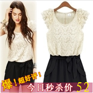 2012 one-piece dress pants fashion one-piece dress zipper o-neck short skirt lace decoration