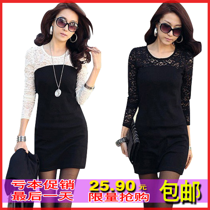 2012 one-piece dress slim plus size clothing lace patchwork long-sleeve basic skirt