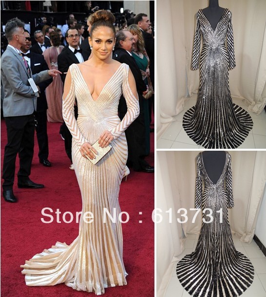 2012 Oscar Gorgeous Mermaid Deep V-Neck Long Sleeves Mother Celebrity Dresses Inspired by Jennifer Lopez