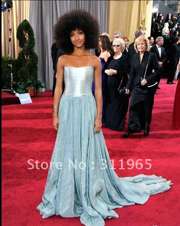 2012 Oscars Annual Academy Awards Esperanza Strapless Sleeveless Pleated Floor Length Evening Celebrity Dresses Formal Gowns