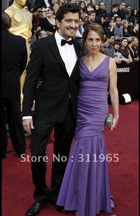 2012 Oscars Annual Academy Awards Malet Purple V-Neckling Sheath Pleated Floor Length Evening Celebrity Dresses Formal Gowns