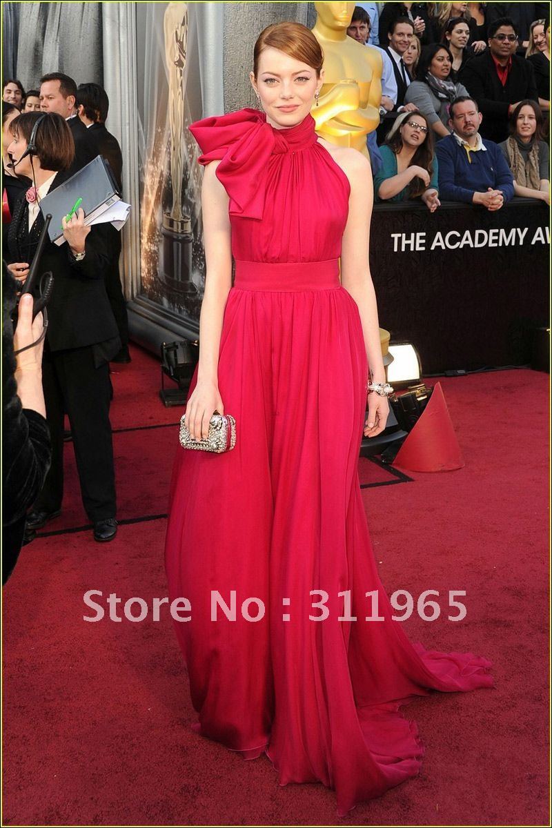 2012 Oscars Awards Emma Sexy Stone Red Sleeveless Sheath Floor Length Chiffon Evening Party Celebrity Dresses Formal Gowns