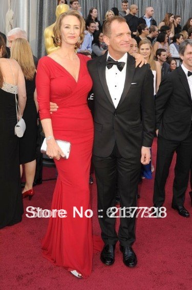 2012 Oscars Janet McTeer Long Sleeve Sexy V-Neckline Mermaid Red Long Celebrity Dresses Evening Gown