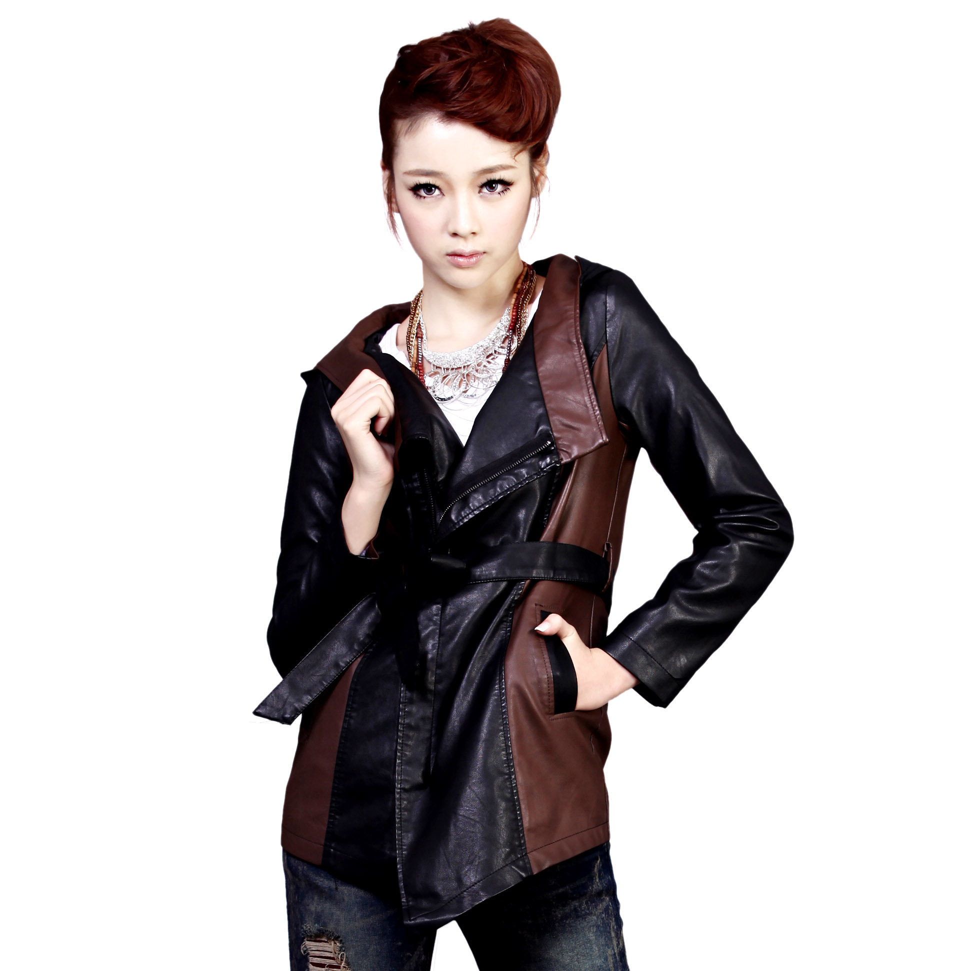 2012 outerwear hooded leather clothes medium-long female leather clothing 1327 free shipping