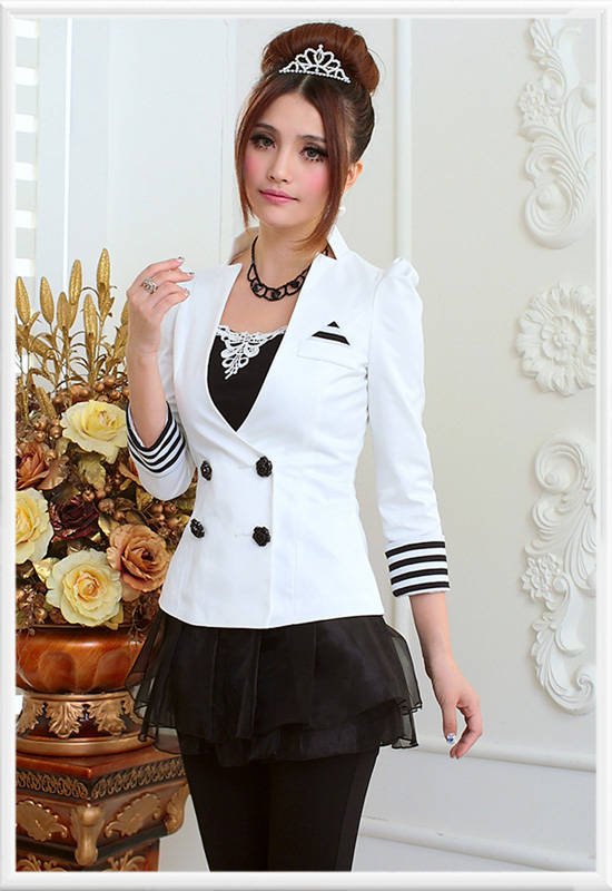 2012 outfit new dress  white double breasted spell with black and white stripe jacket women's autumn outwear ladies formal coat